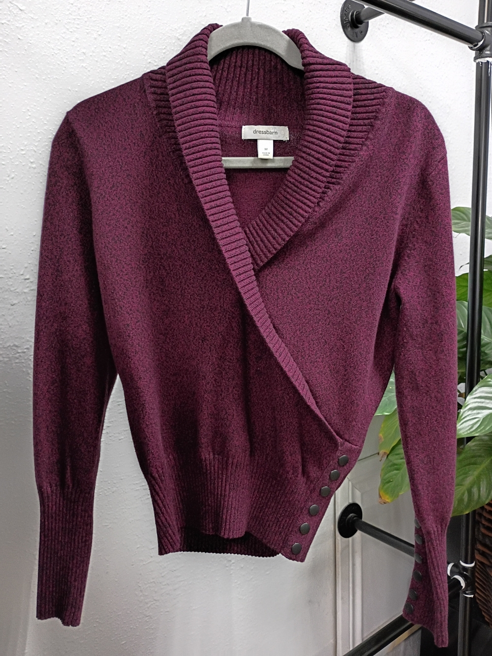 dressbarn Women's Shawl Collar Button-Accent Sweater - Deep Plum